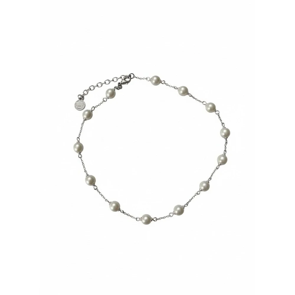 Liz‎ Claiborne LC Delicate Faux Pearl Necklace Silver Tone Chain Choker 17